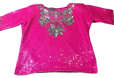 Vintage 80's Exotica S Sequined Cocktail Formal Evening Drag Dallas Silk Top - Image 1 of 4