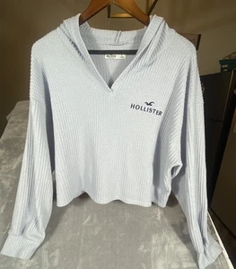 Hollister Y2K Sweatshirt Womens Large Blue Waffle Knit Thermal Pullover Cropped - Picture 1 of 9