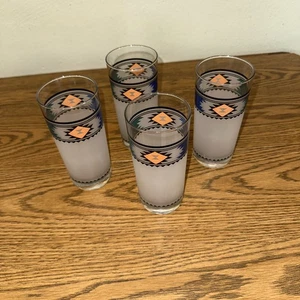 Set of 4 ~ Noritake KACHINA Frosted Glasses 16 oz. Santa Fe Aztec 2.75"dia. 6" t - Picture 1 of 4