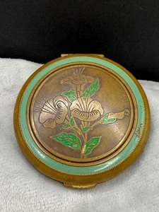Vintage Enamel Compact Flowers MCM Green Retro - Picture 1 of 11