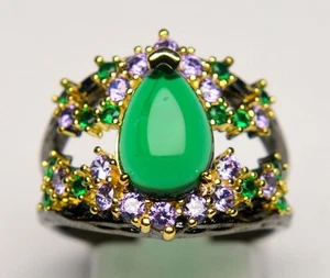 ANELLO DESIGNER ARGENTO STERLING 925 PERA VERDE GEMATONE E TANZANITE - Foto 1 di 4