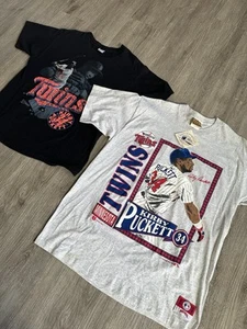 Lot Of 2 90s Minnesota Twins MLB Kirby Puckett T Shirts Salem Sports Nutmeg Sz L - Picture 1 of 13
