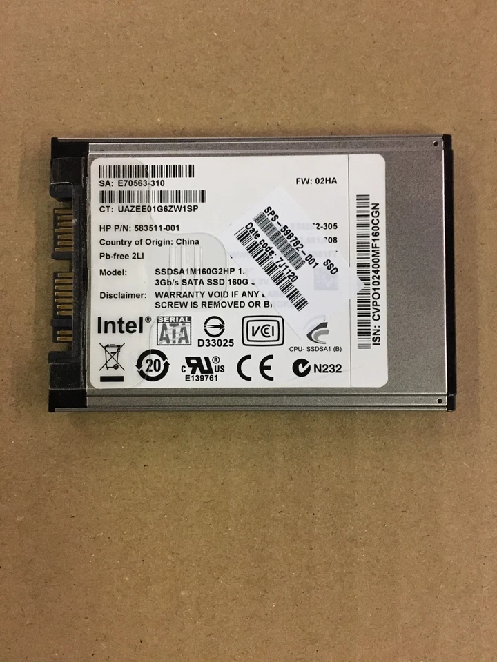 HP 598782-001,600464-001,583511-001 160GB Micro-SATA uSATA 1.8" SSDSA1M160G2HP  - Image 1 of 1