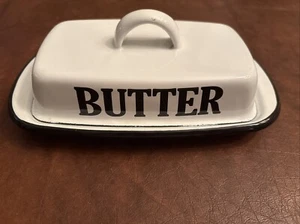 White Enamel Butter Dish - Vintage Style Black Edge - Picture 1 of 8