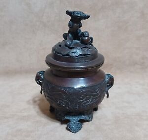 Antique Footed Metal Incense Censer With Shishi Lion On Lid Bronze Non Magnetic 