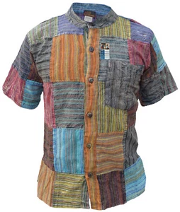 Gestreiftes Patch Kurzarm Opa Shirt Hippie Tops Sommer leicht Baumwolle Kurtas - Bild 1 von 9