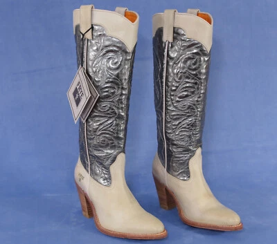 NUEVAS Botas Vaqueras De Colección Punto Frye Alto Mustang Tacón Occidental Plateadas/Beige 6.5 Foto 1 de 4