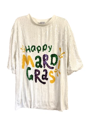 Happy Mardi Gras White Sequin Dress/Tunic One Size Fits Most New Orleans - Image 1 of 4
