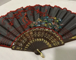 Vintage Asian Hand Fan Black/Red Sheer Fabric Embroidery Peacock Plastic 16.5" - Picture 1 of 5