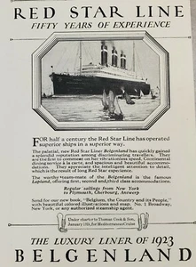 Anuncio de 1923 Red Star Line Cruise Ship Belgenland Ephemera anuncio impreso - Imagen 1 de 12