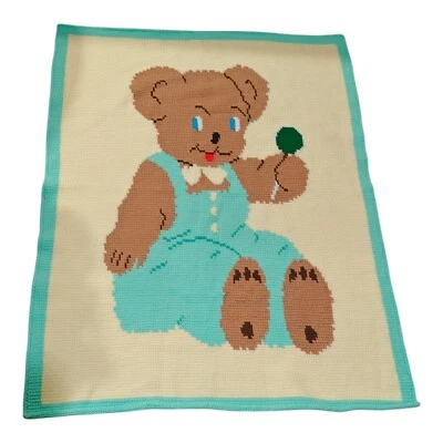 Vintage Handmade Baby Blanket Toddler Throw Teddy Bear Lollipop Yellow Blue  - Image 1 of 4
