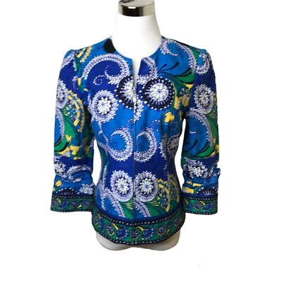 Peck & Peck Size 4 Zip Front Jacket Multi-Color Design Lined Ruched 3/4 Sleeves - Image 1 of 4