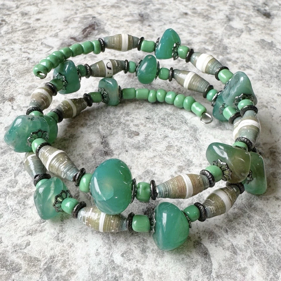 Boho Hippie Magazine Upcycled Paper Bead & Green Agate Memory Wire Bracelet - Image 1 of 4