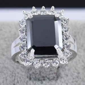 5.80Ct Certified Emerald Cut Black Diamond Solitaire Ring. 925 Silver- No Tariff - Picture 1 of 11