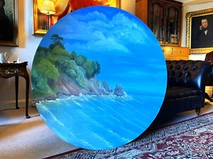 Pintura al óleo de paisaje marino costero circular excelente grande Saddle Rock, Torquay c.2004 - Imagen 1 de 12