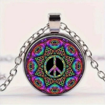 Mandala Peace Symbol Cabochon Round Pendant Necklace - Image 1 of 4