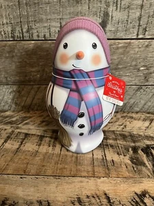 SNOWMAN DRESSED IN PURPLE HAT & SCARF TIN CANISTER EMPTY - Picture 1 of 10