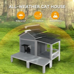 Casa para gatos al aire libre de madera de 2 pisos refugio para gatitos impermeable con balcón grande escape - Imagen 1 de 6