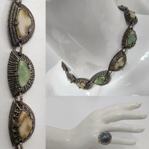 Vintage Miracle Celtic Agate Necklace 1990s Green + 1960s Ring Blue Stone - Picture 1 of 15