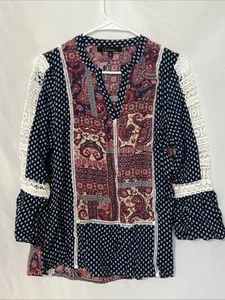 Calessa S Boho Paisley Tunic Blouse Crochet Embroidery Patchwork Hi Low V Neck - Picture 1 of 9