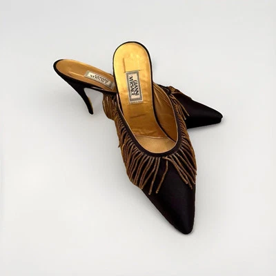 Gianni Versace Women’s Black Silk Mules Heels Metallic Gold Fringe US 9 EU 40.5 - Image 1 of 4