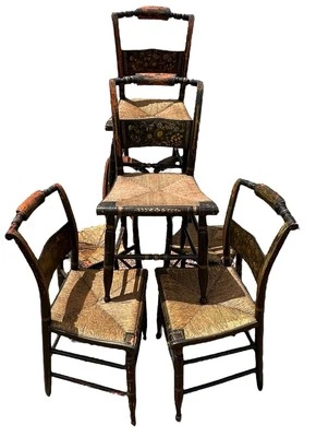 Antique Stenciled Side Chair, Black, Rush Seat Pillow Top Unsigned - Image 1 of 4