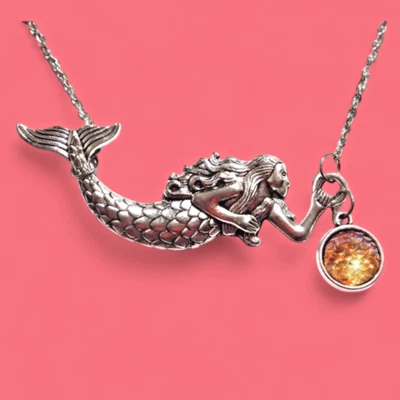 SILVER MERMAID PENDANT SCALES CAMEO bib siren iridescent peach pink necklace D1 - Image 1 of 4