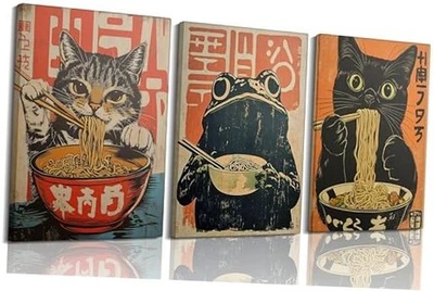 Arte de pared japonés de 3 piezas de ramen para comer gatos negros gatos divertidos y lienzo de 12x16 pulgadas Foto 1 de 4