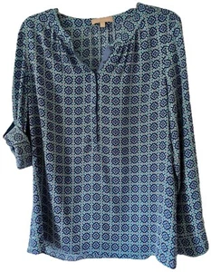 Banana Republic Women’s Size Large LS Blue Patterned Blouse, Roll Tab Sleeves - Picture 1 of 8