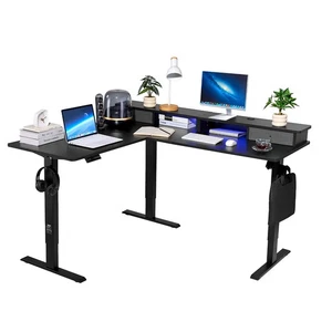 VEVOR L Shaped Desk Electric Adjustable Height Corner Gaming Desk w/ Light Strip - Picture 1 of 12