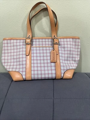 BOLSO COACH M2J-7735 Azul Lona a Cuadros Credo Cuero Tostado Asas Ajustables Hebilla Foto 1 de 4
