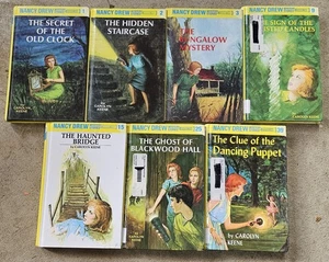 Lot 7 Vtg NANCY DREW Detective Mystery Books Yellow Flashlight 1 2 3 9 15 25 39 - Picture 1 of 4