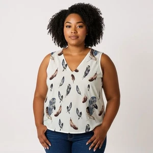 EMORY ROSE 1XL Ivory Brown Blue Feather Feathers Print Blouse - Picture 1 of 8
