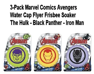 (3) Marvel Avengers Water Soaker Cap Flyer Frisbee Iron Man Hulk Black Panther Foto 1 de 4