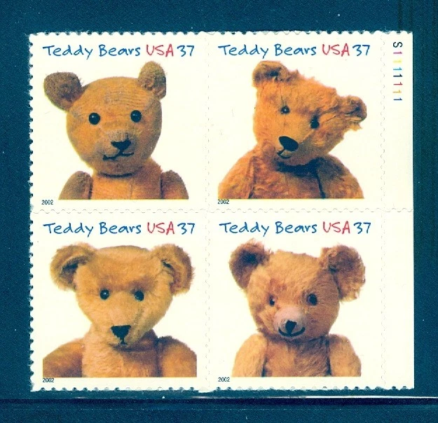 US 3653-3656 Teddy Bears, Plate #S1111111 Block/4, Self Adhesive, Mint NH - Image 1 of 1