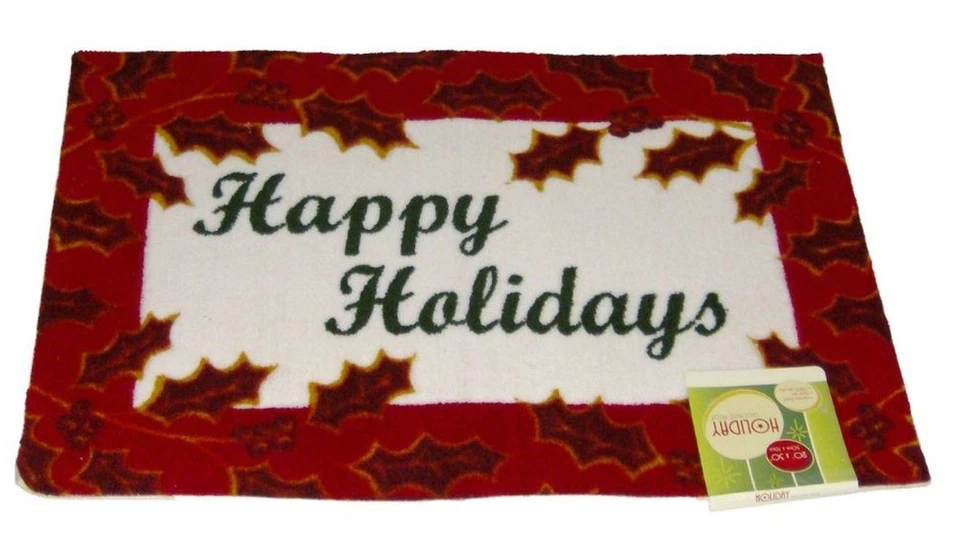 Alfombra de puerta Happy Holidays alfombra de acento con borde de acebo rojo Foto 1 de 1