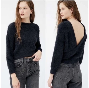 Urban Outfitters Elsa  Black Fuzzy Eyelash Surplice Sweater Size Small - Picture 1 of 7