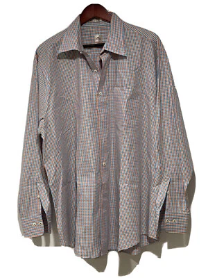 Camisa Peter Millar Para Hombres XL Manga Larga Botón Delantero Azul Naranja Mini Cuadros Foto 1 de 4