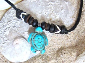 TURTLE NECKLACE CHARM PENDANT CHOKER BLUE STONE CORD WOOD BEADS BEACH MENS WOMEN - Picture 1 of 4