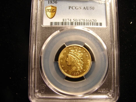 1836 $5 Classic head Half Eagle Gold PCGS AU-50 , as pictured Cover