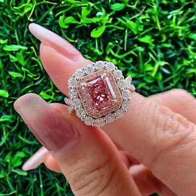 Anillo de diamantes de zafiro rosa natural talla esmeralda de 4,00 quilates de oro blanco de 14 quilates talla 7 Foto 1 de 4