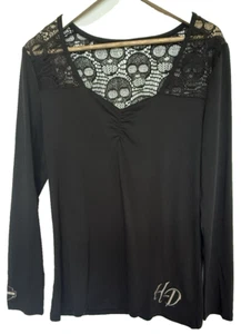 Harley Davidson Womens Black Lace Embroidered Skull Top Size XL Biker Moto Y2K - Picture 1 of 10