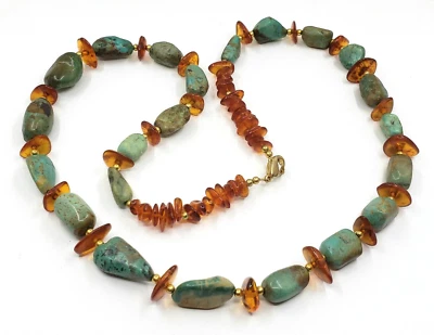 VINTAGE GEM TURQUIOSE WITH COGNAC AMBER NUGGET & GOLDTONE BEADS NECKLACE * 27" - Image 1 of 4