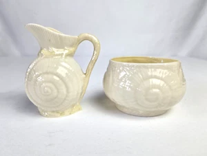 Vintage Belleek Ireland Seashell Lusterware Creamer Sugar Set ~ Green Mark - Picture 1 of 14