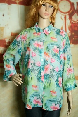 Lemon Grass Top Multi Color Hibiscus Semi Sheer Crinkle Button Up Size L - Imagem 1 de 4