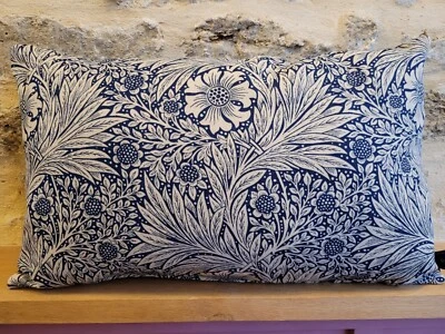William Morris Marigold Fabric Linen Indigo & Navy Velvet Cushion Cover Oblong - Image 1 of 4