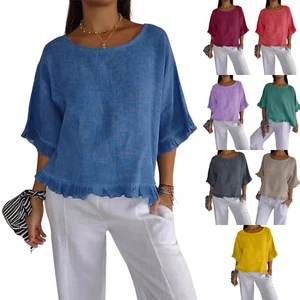 Ladies Linen Cotton Ruffles Tops Summer Casual Shirts Loose Blouse PLUS SIZE - Picture 1 of 11