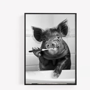 Lustiges Badezimmer Schwein Zähneputzen Druck Bild Poster Unrahmen A4 - Bild 1 von 1