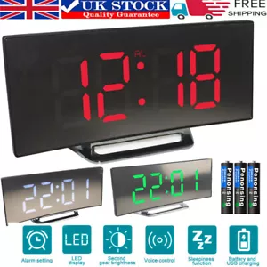 LED Curved Digital Alarm Clock USB Temperature Mirror Display Snooze Bedside UK - Picture 1 of 22