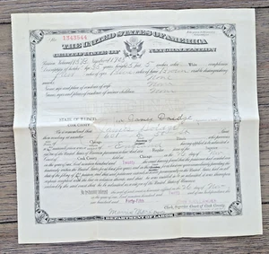 Original 1920 United States of America Naturalization Certificate ENGLAND - Picture 1 of 5
